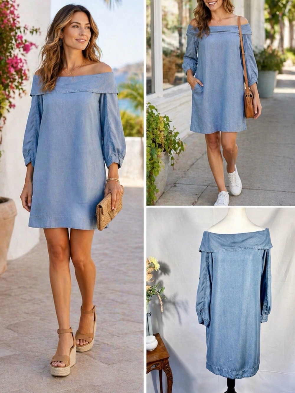 Pilcro and the Letterpress Anthropologie Off Shoulder Chambray Dress Sz 2💛